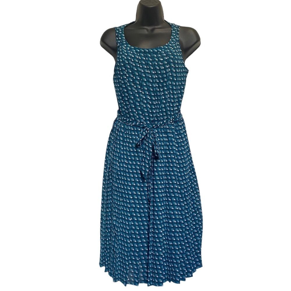 Halogen Teal Blue Square Print Sleeveless Dress Pleated Skirt Sz 4P NWT
